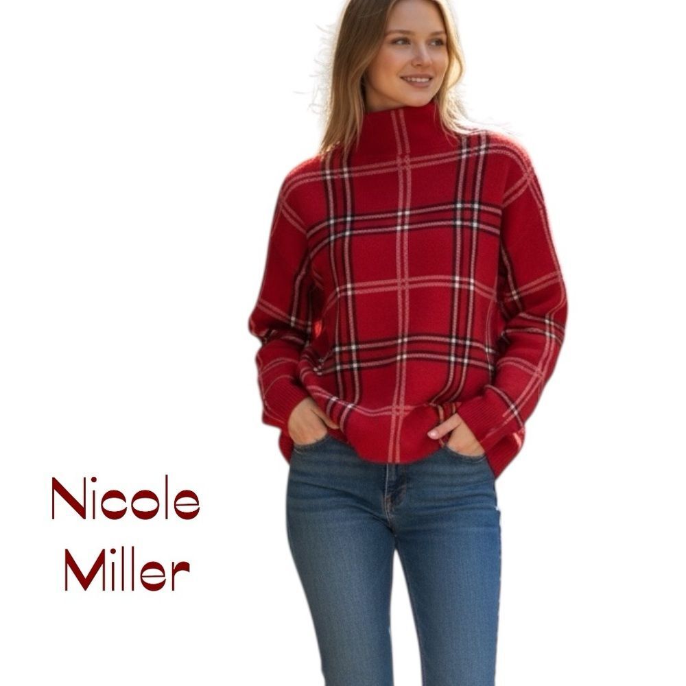 Nicole Miller Red Black Plaid Mock Turtleneck‎ Academia Sweater NWOT Size M
